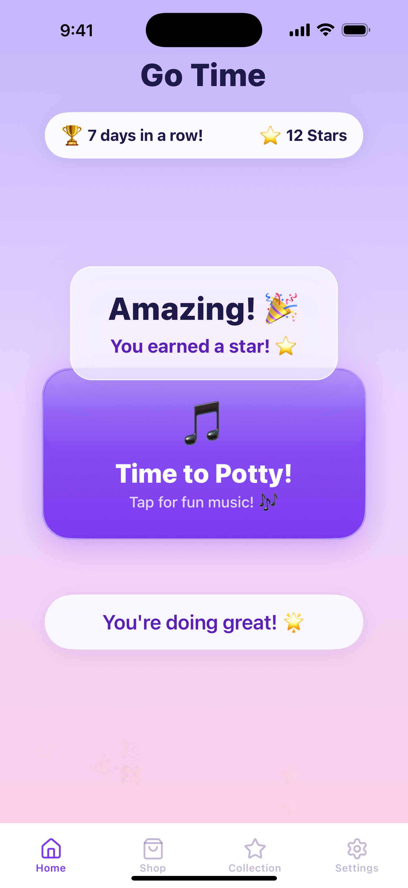 Go Time celebration screen awarding three stars after a completed potty timer