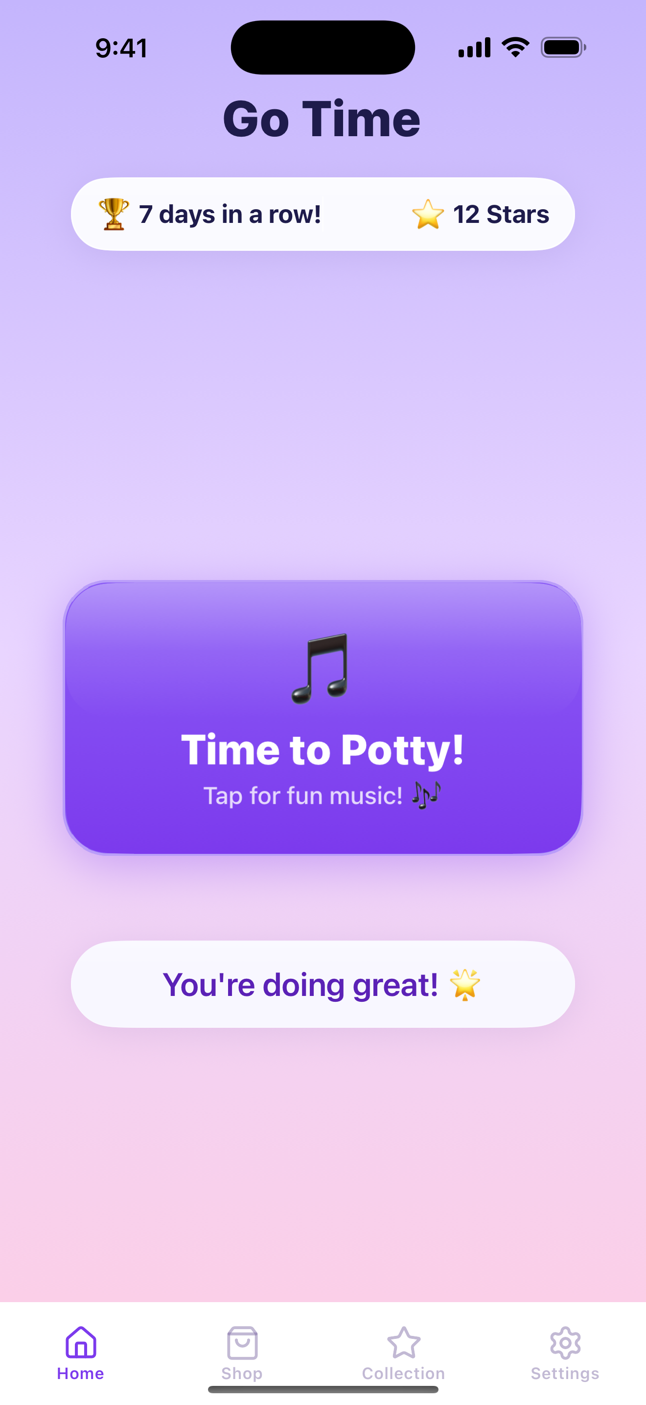 Go Time home screen with a seven-day streak, 12 stars, and a large Time to Potty button