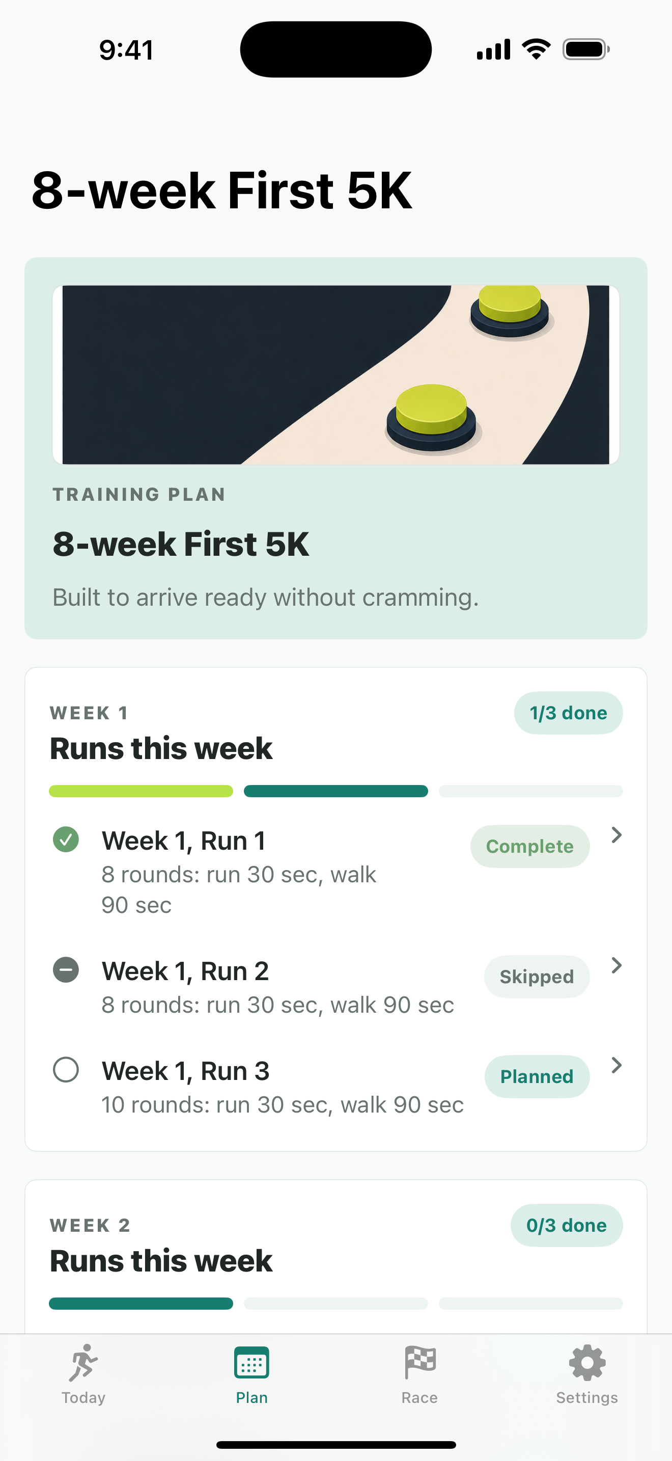Eight-week Race Ready 5K plan showing completed, skipped, and planned workouts