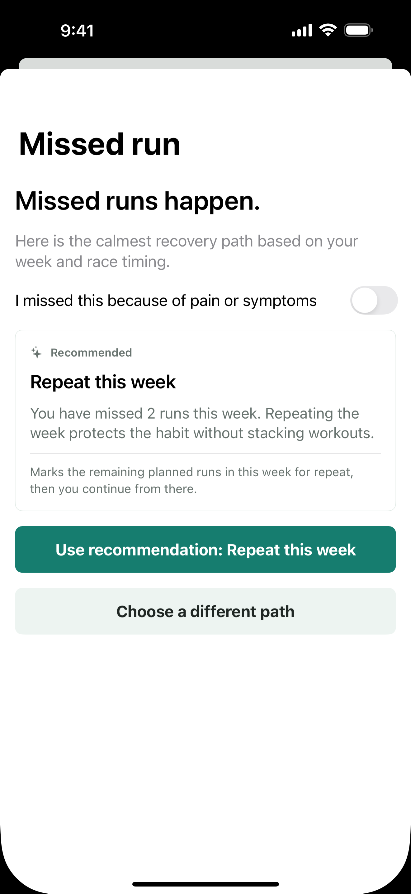 Race Ready 5K missed-run screen recommending that the runner repeat the current week