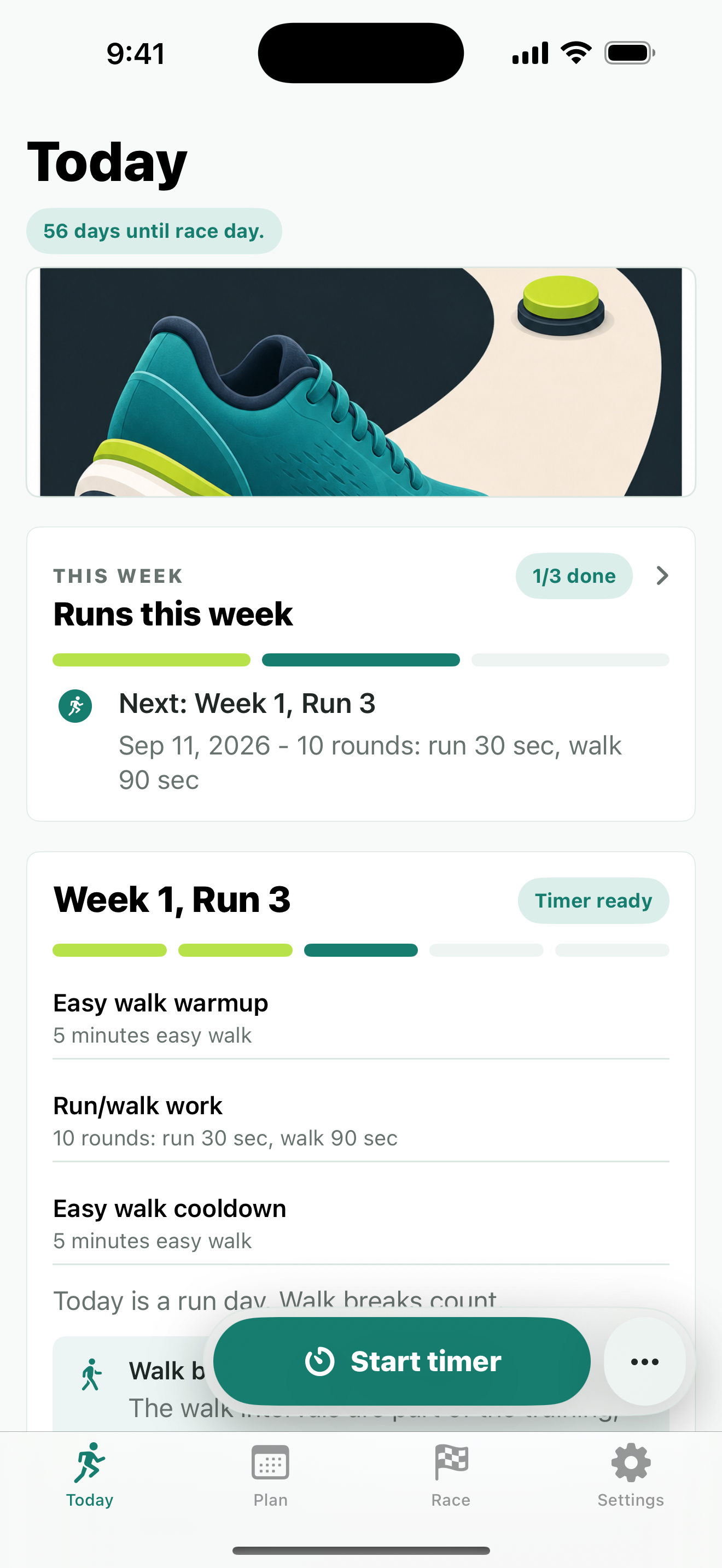 Race Ready 5K Today screen showing the next beginner run and walk workout and a start timer button