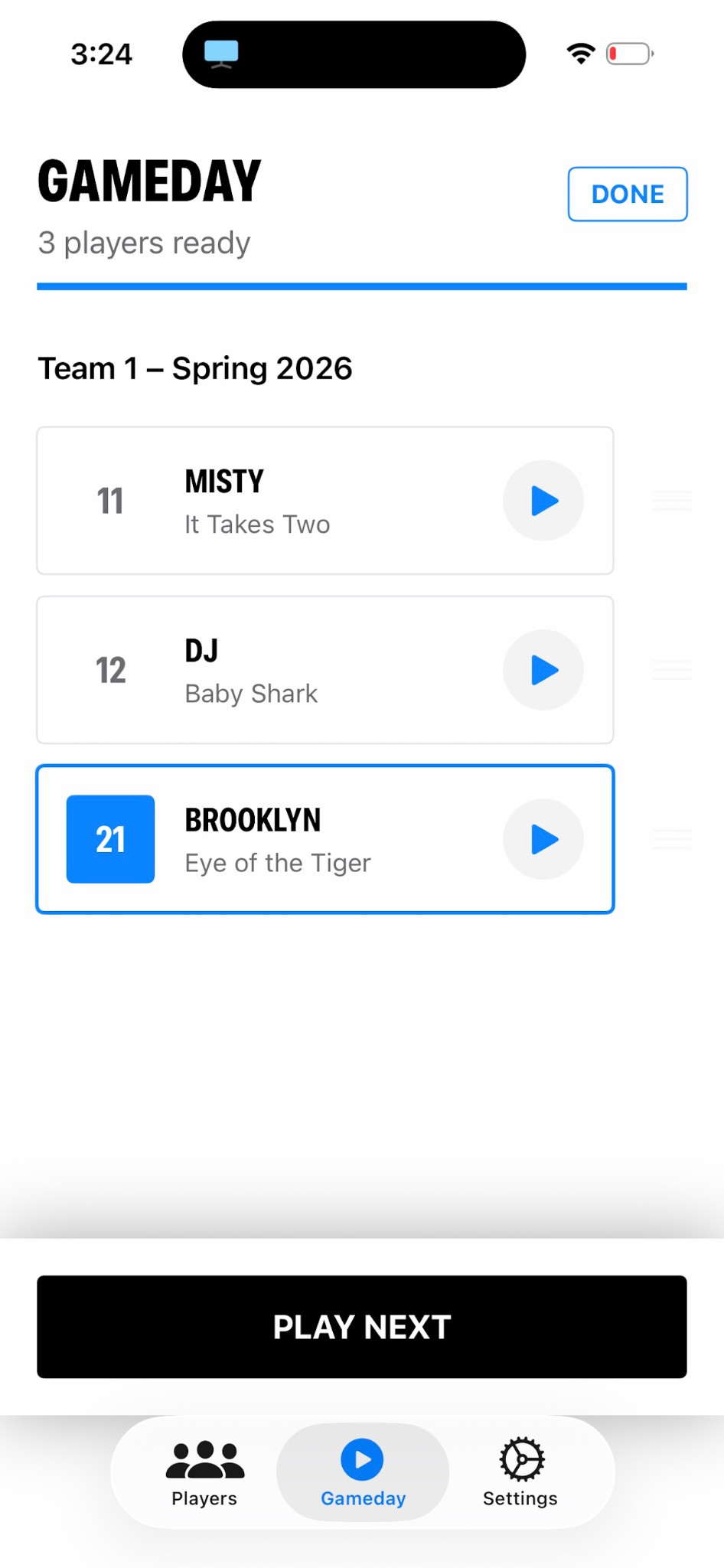 Stadium Music: Walkout Tracks Gameday Mode preview showing player list with walkout songs