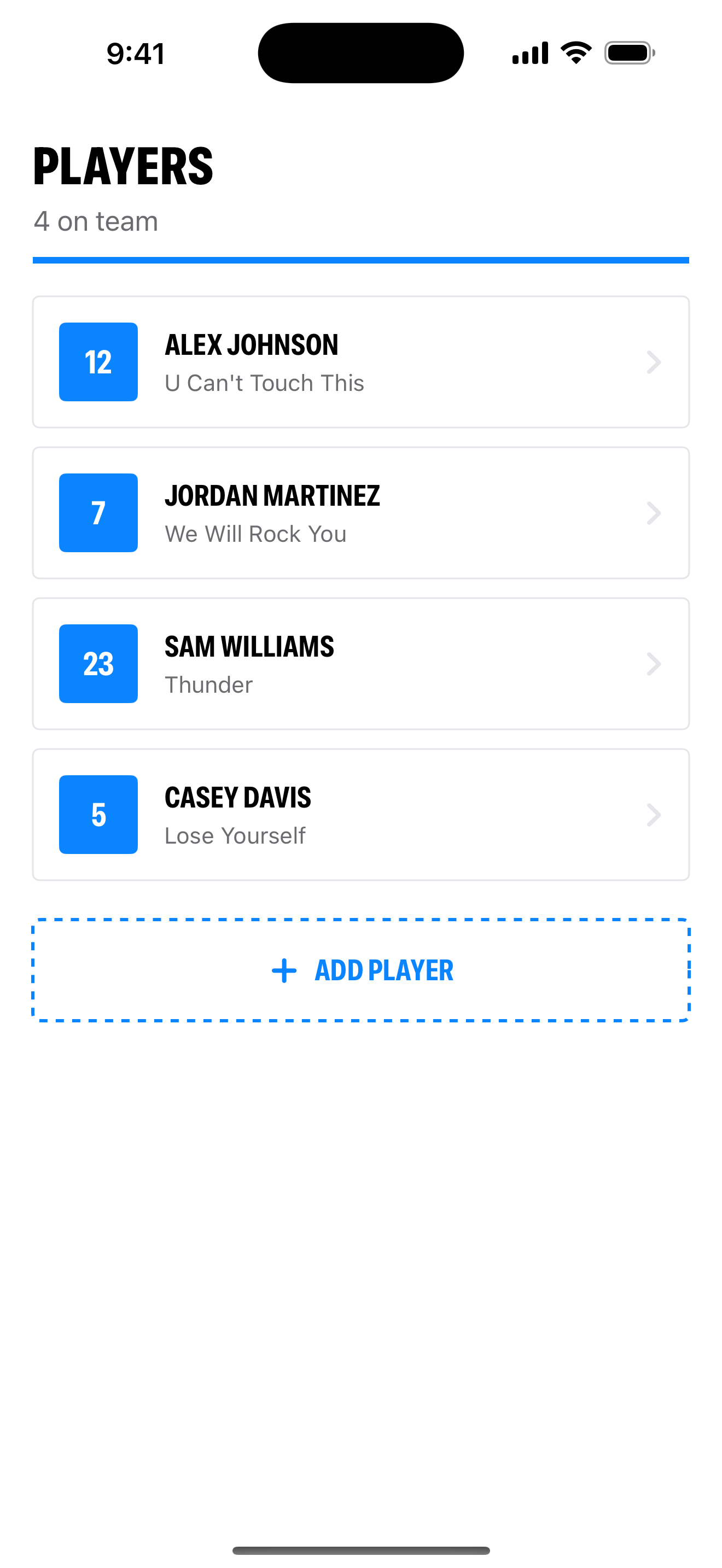 Stadium Music roster showing players with assigned walk-up songs