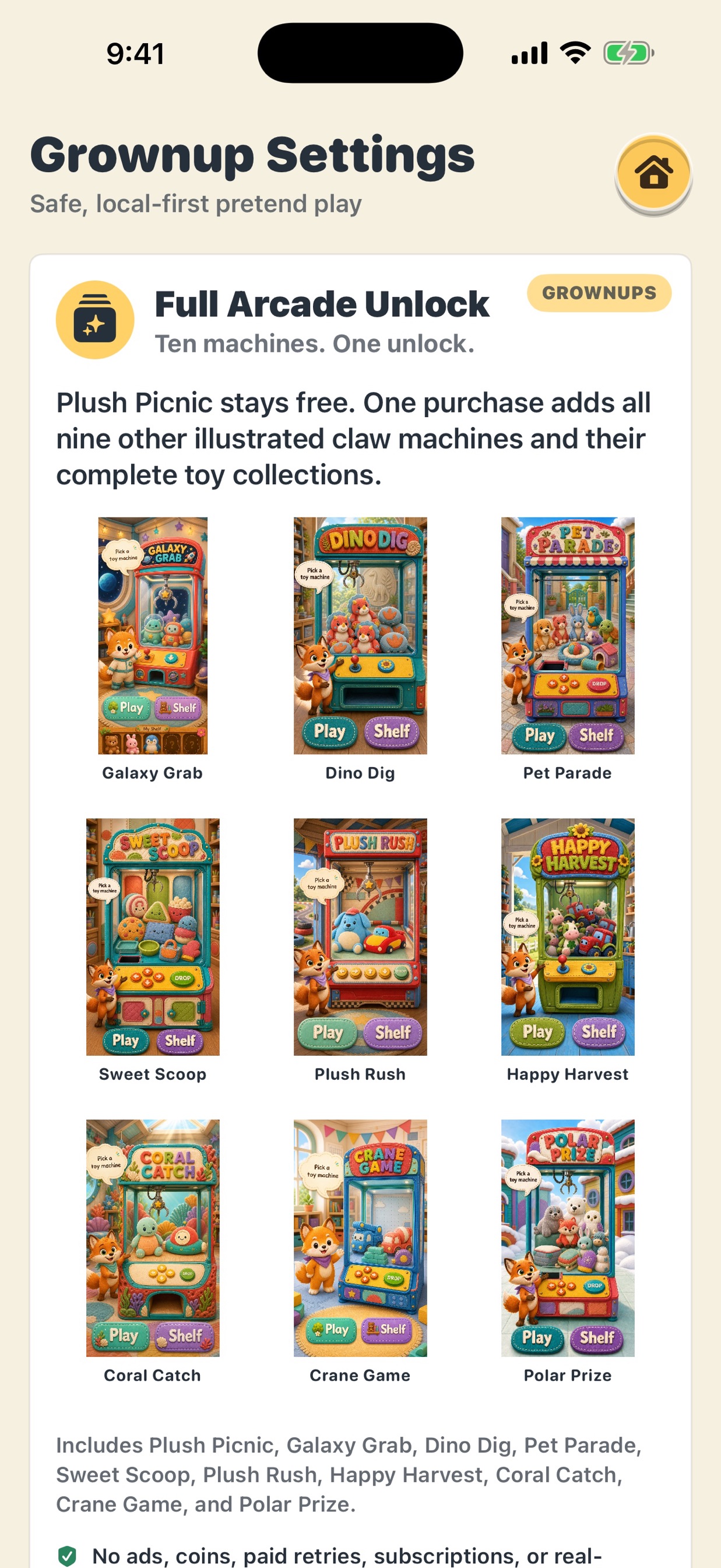 Grownup Full Arcade Unlock screen showing the nine added machines