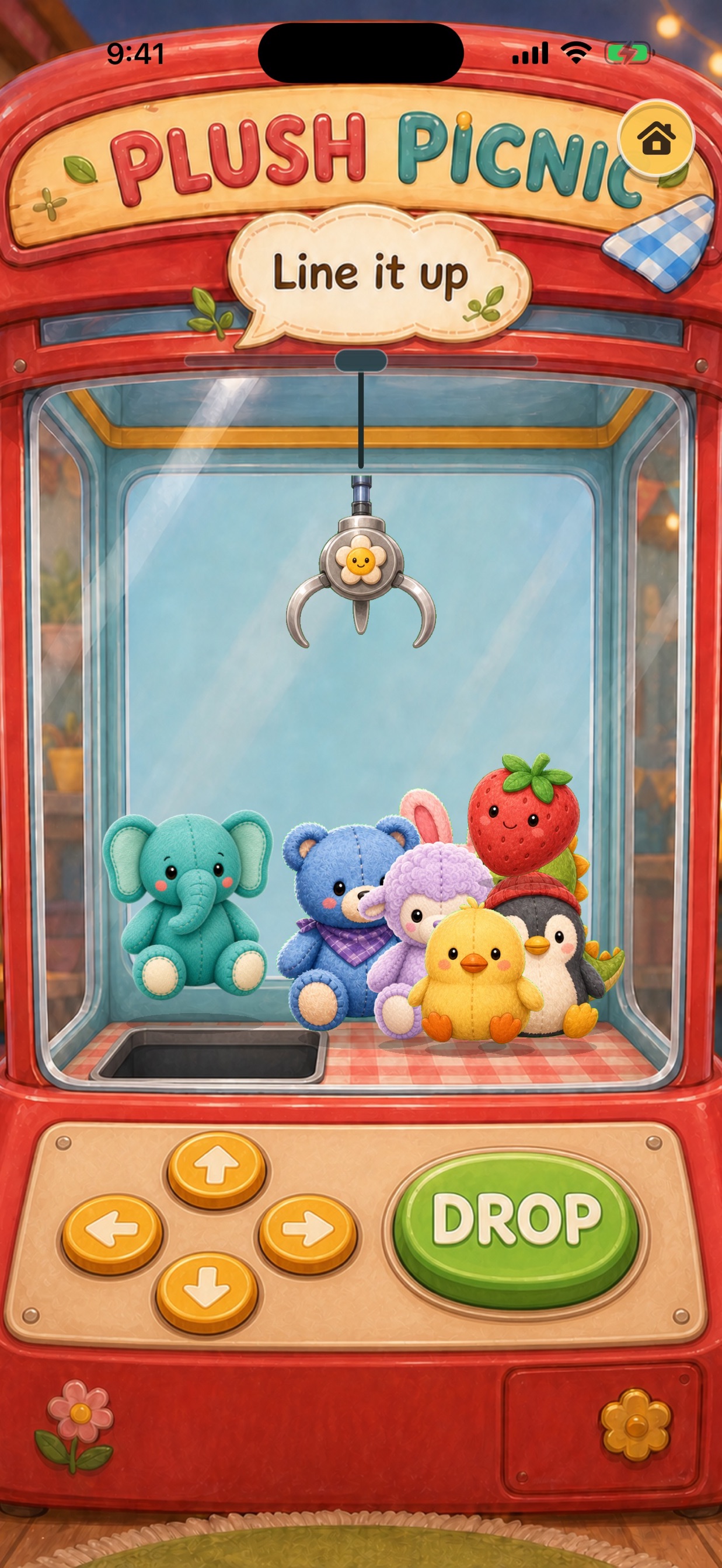 Tiny Claw game with a claw above pretend plush toys