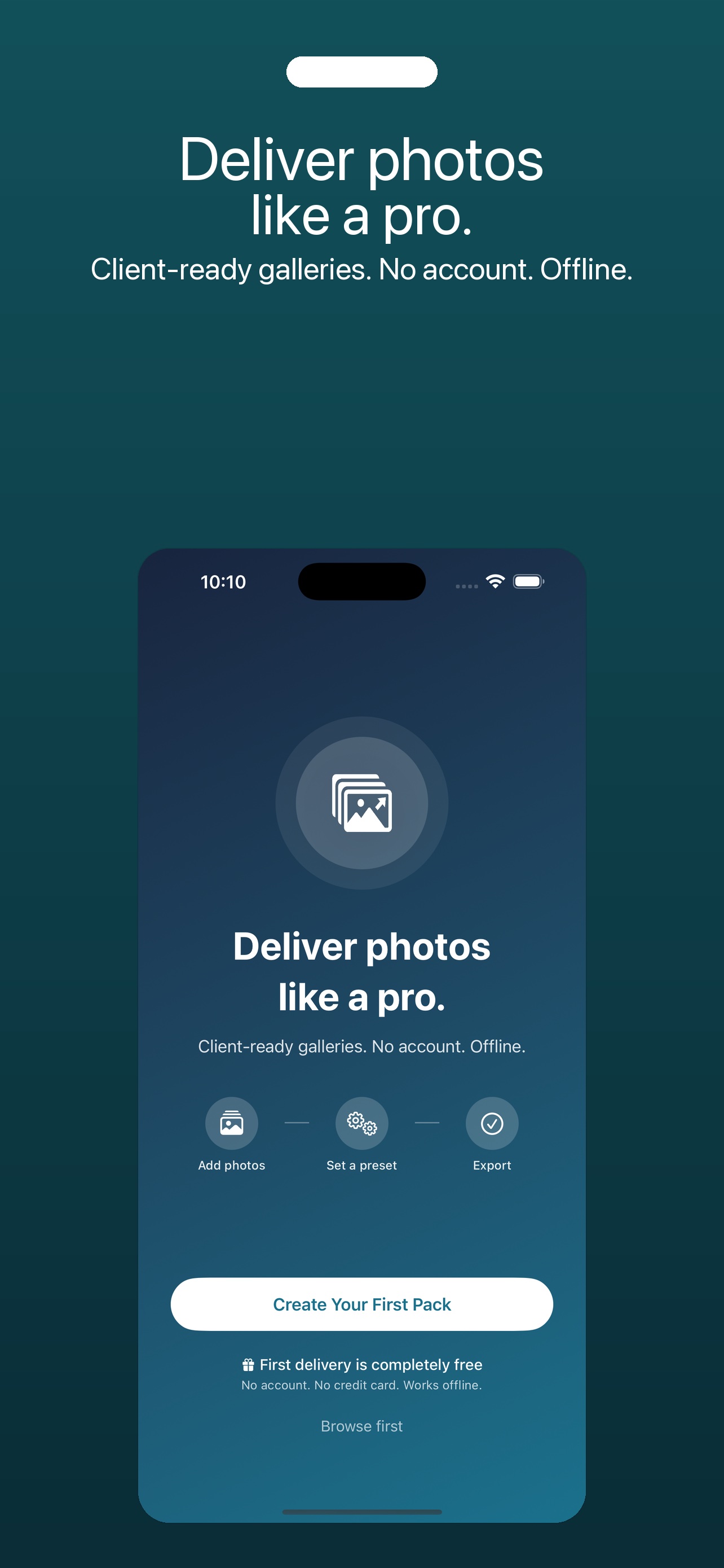 Photo Packs welcome screen showing the add photos, set a preset, and export steps