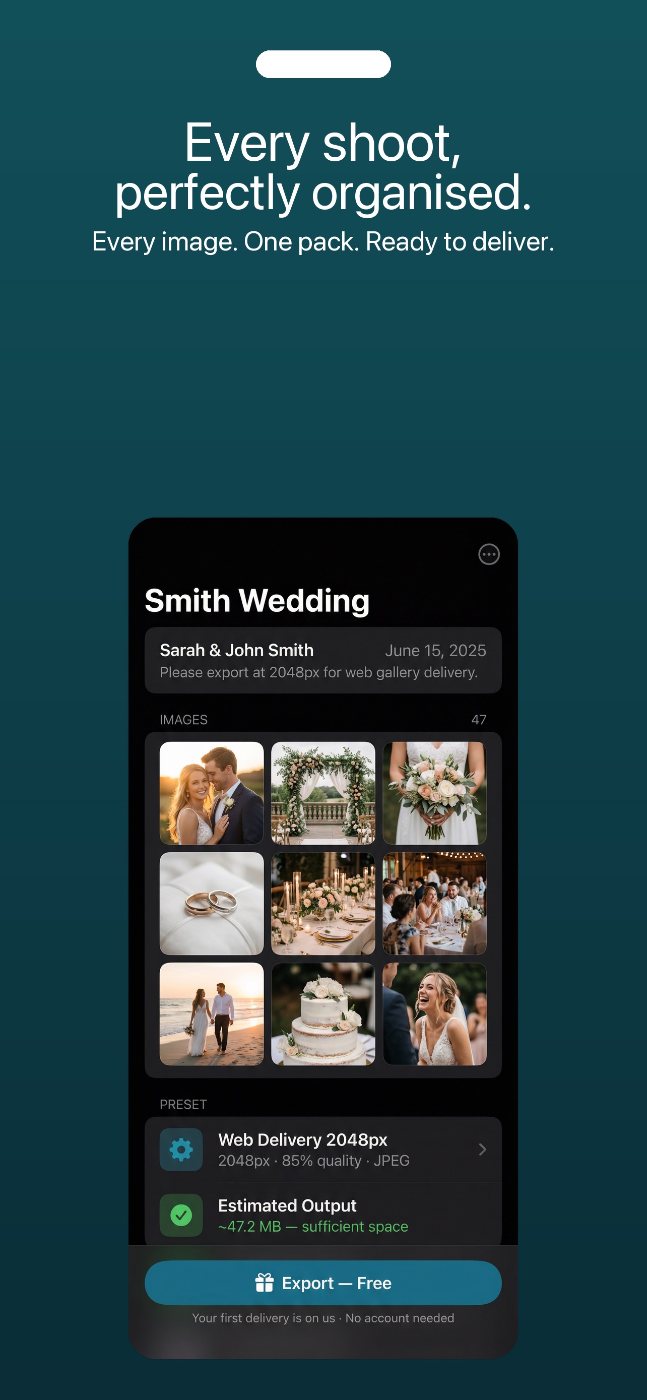 Photo Packs showing a wedding delivery pack with 47 photos and an export button