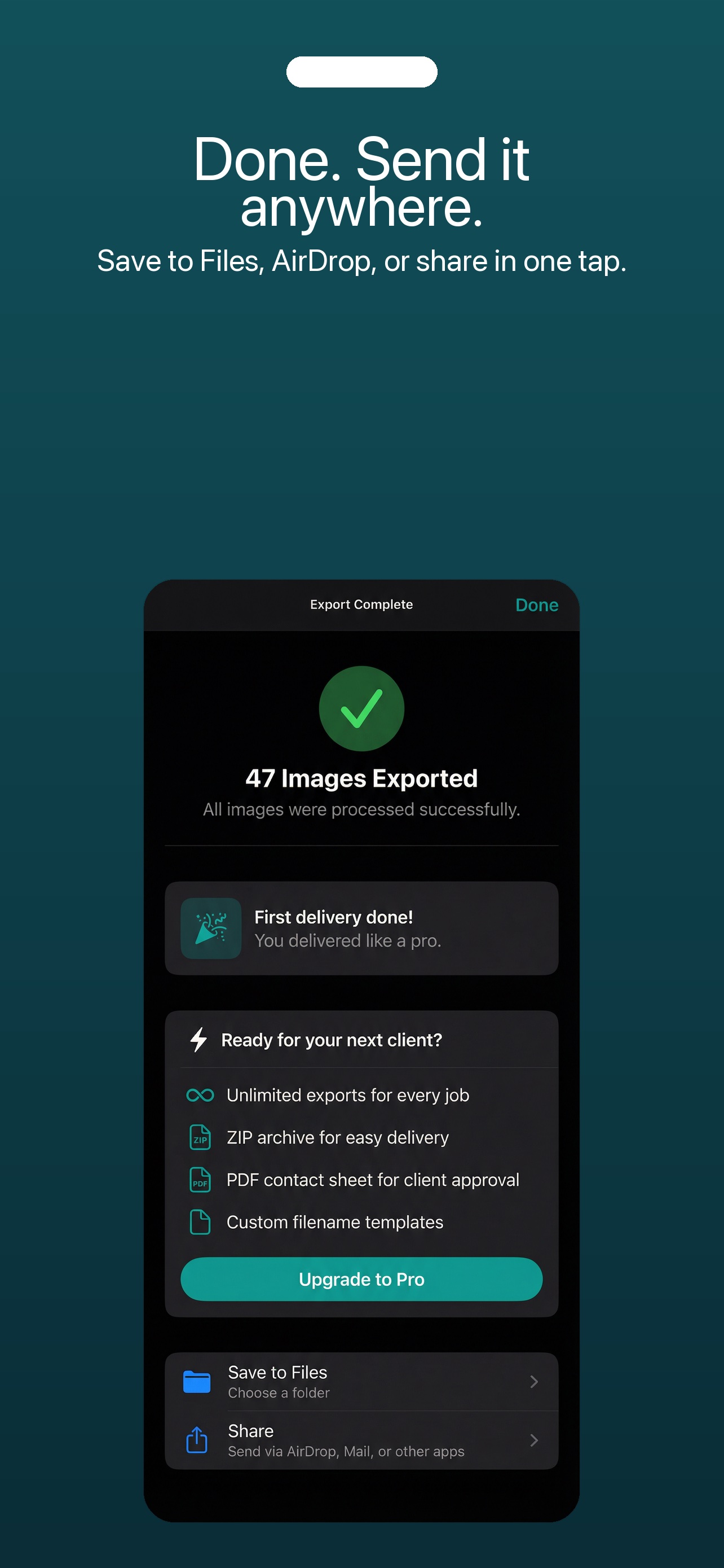 Completed 47-image export with Save to Files and Share choices